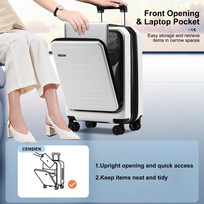 CENSIEN Expandable Carry On Luggage Airline Approved, 20 Inch Lightweight ABS+PC Hard Shell Suitcases with Front Pocket, Spinner Wheels, TSA Lock (White, 1PC) - Image 3