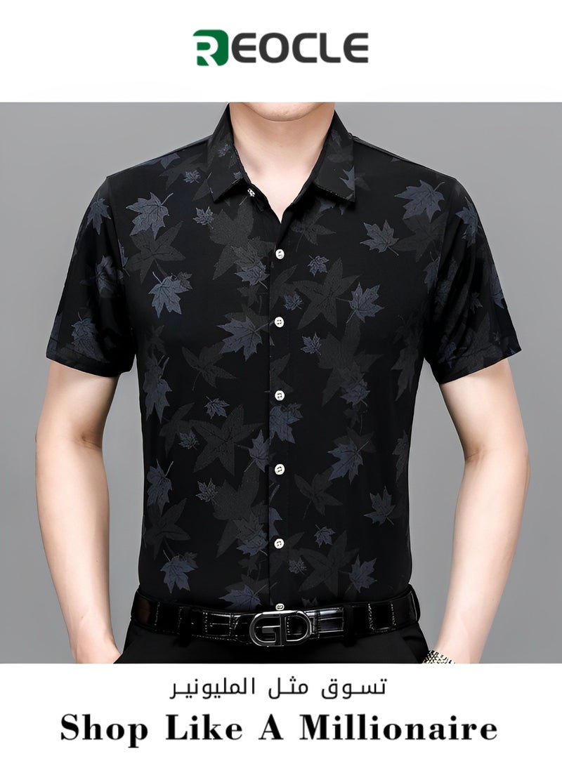 REOCLE Men's Shirt Short Sleeve Button Down Shirts Summer Casual Shirts with Print Slim-Fit Lapel Shirt - Image 1