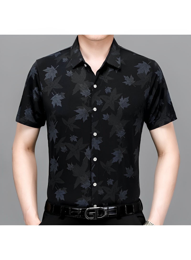 REOCLE Men's Shirt Short Sleeve Button Down Shirts Summer Casual Shirts with Print Slim-Fit Lapel Shirt - Image 2