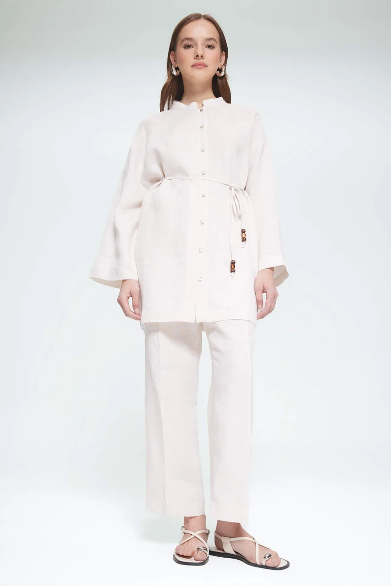 ديفاكتو Regular Fit Laced Long Sleeve Linen Shirt Tunic