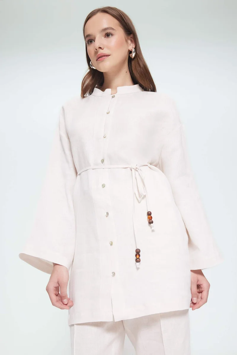 ديفاكتو Regular Fit Laced Long Sleeve Linen Shirt Tunic