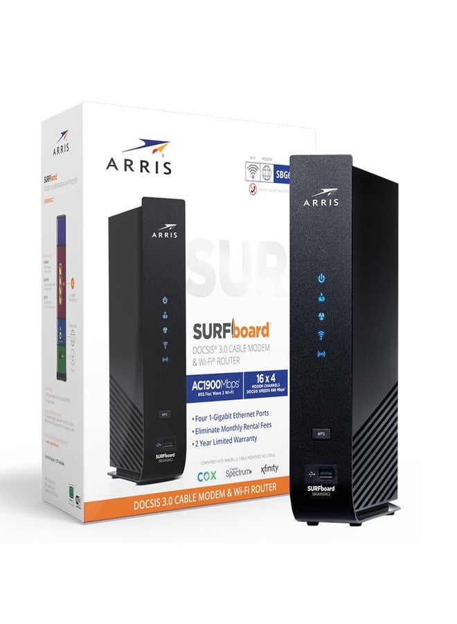 أريس مودم كابل ARRIS Surfboard SBG6950AC2 بتقنية DOCSIS 3.0 وجهاز توجيه واي فاي AC1900، معتمد من قبل Comcast Xfinity وCox وCharter Spectrum وغيرها، أربعة منافذ بسرعة 1 جيجابت في الثانية، سرعات إنترنت قصوى تصل إلى 400 ميجابت في الثانية. - Image 2
