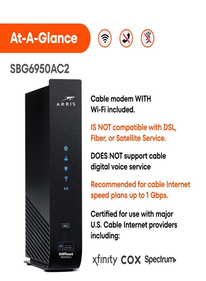 أريس مودم كابل ARRIS Surfboard SBG6950AC2 بتقنية DOCSIS 3.0 وجهاز توجيه واي فاي AC1900، معتمد من قبل Comcast Xfinity وCox وCharter Spectrum وغيرها، أربعة منافذ بسرعة 1 جيجابت في الثانية، سرعات إنترنت قصوى تصل إلى 400 ميجابت في الثانية. - Image 4