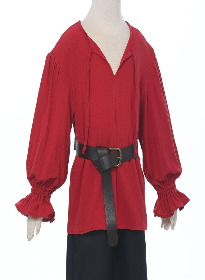 CAMDOM Medieval Pirate Costume Shirt for Boys Renaissance Ruffled Long Sleeve top Red - Image 5