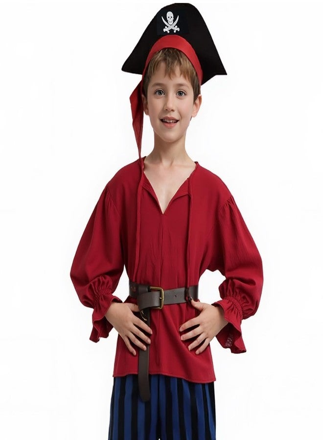 CAMDOM Medieval Pirate Costume Shirt for Boys Renaissance Ruffled Long Sleeve top Red - Image 2