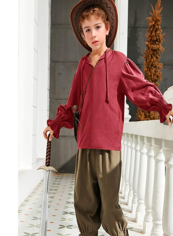 CAMDOM Medieval Pirate Costume Shirt for Boys Renaissance Ruffled Long Sleeve top Red - Image 3