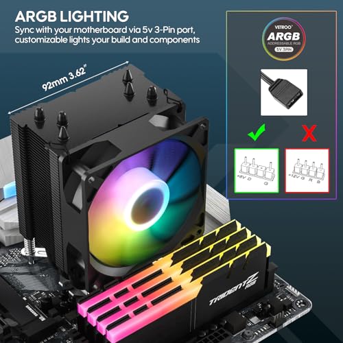 Vetroo V3 CPU Air Cooler w/ARGB Lighting and PWM Smart Control - Compact Design with Height of 133mm & 92mm Fan, Direct Heat Pipes, Aluminium Fins, for AMD AM4/AM5 & Intel LGA1851/1700/1200/115X - Image 3
