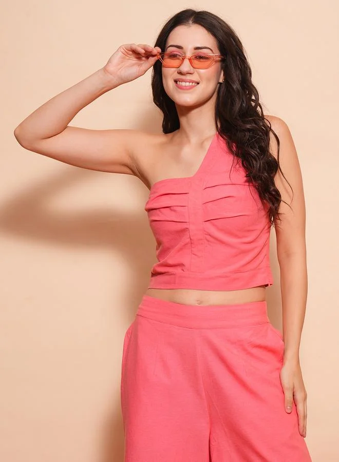 globus Globus One Shoulder Pleated Crop Top and Flared Palazzo Co-Ords