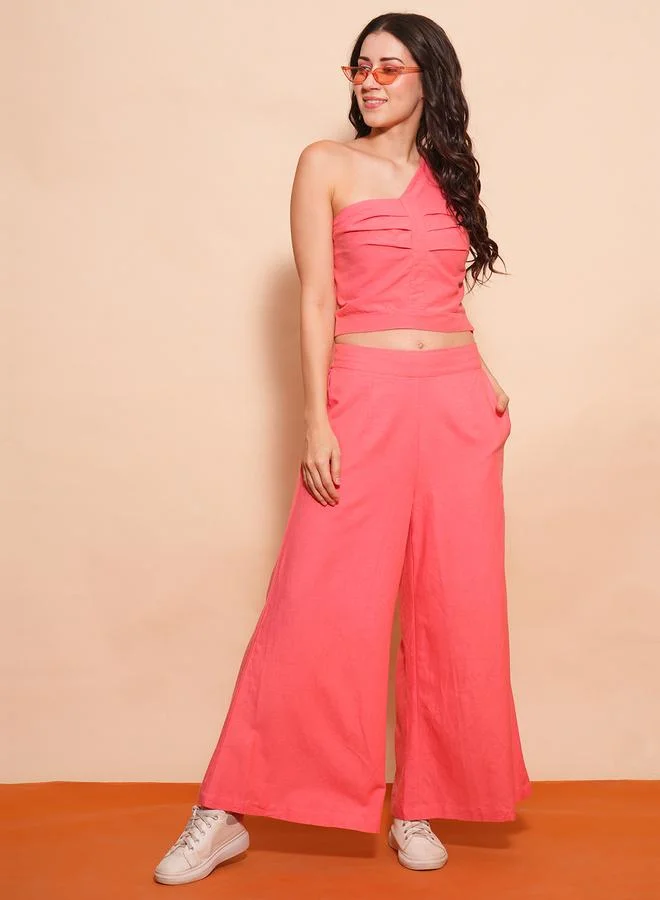 جلو باص Globus One Shoulder Pleated Crop Top and Flared Palazzo Co-Ords