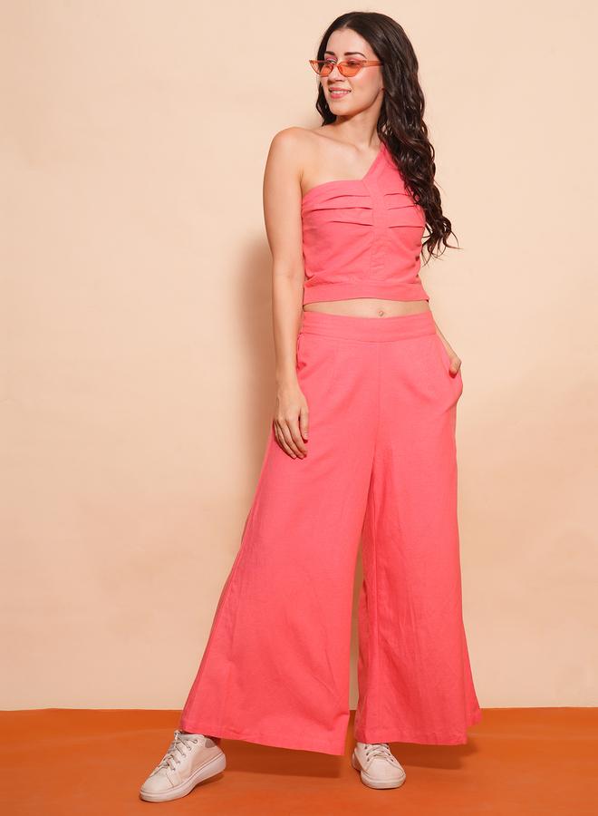 globus One Shoulder Pleated Crop Top and Flared Palazzo Co-Ords - Image 1