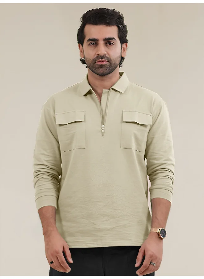 Maniac Maniac Mens Solid Oversized Polo Neck 2 Pocket Full Sleeve Beige Cotton T-Shirt