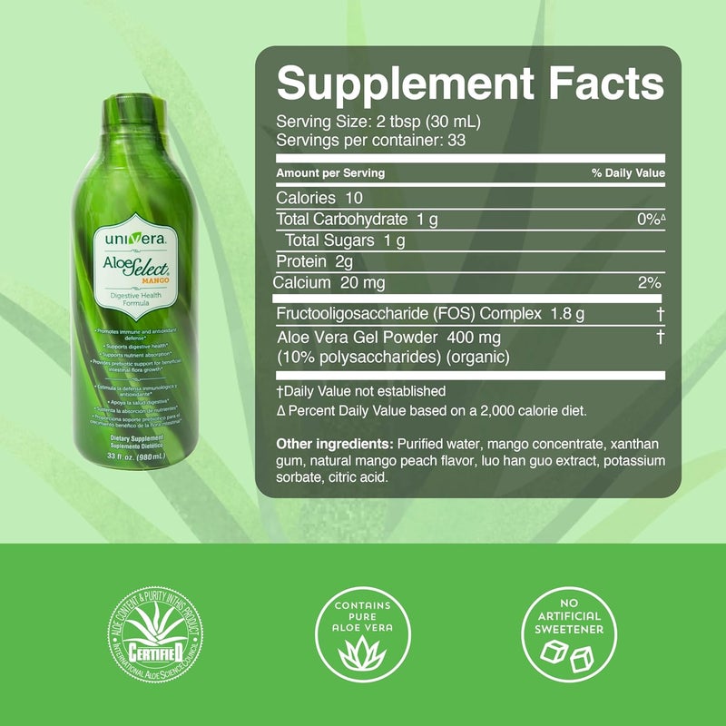 Univera Aloe Vera Juice Preminum Organic Aloe Vera Digestive Enzymes for Gut Health Immune Support Prebiotic Supplement Reduces Inflammation Mango Flavor 30 Day Supply 33 fl oz - Image 4