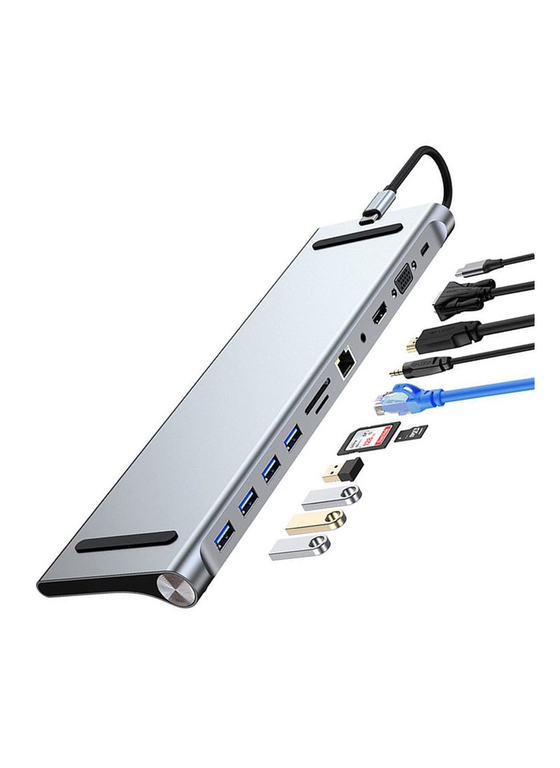 SYOSI محطة إرساء USB C 11 في 1 للكمبيوتر المحمول، SYOSI USB Type C إلى 4K 30Hz HDMI+VGA، قارئ بطاقات SD/TF، سرعة نقل 5 جيجابت في الثانية، RJ45، 4 منافذ USB3.0، محول لأجهزة MacBook وMac Pro وMac Mini وiMac  - Image 1