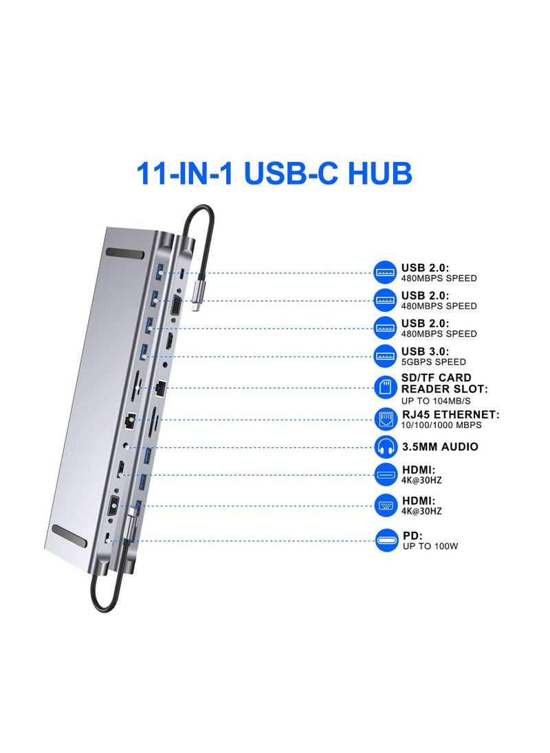 SYOSI - محطة إرساء USB C 11 في 1 للكمبيوتر المحمول، SYOSI USB Type C إلى 4K 30Hz HDMI+VGA، قارئ بطاقات SD/TF، سرعة نقل 5 جيجابت في الثانية، RJ45، 4 منافذ USB3.0، محول لأجهزة MacBook وMac Pro وMac Mini وiMac - Image 1