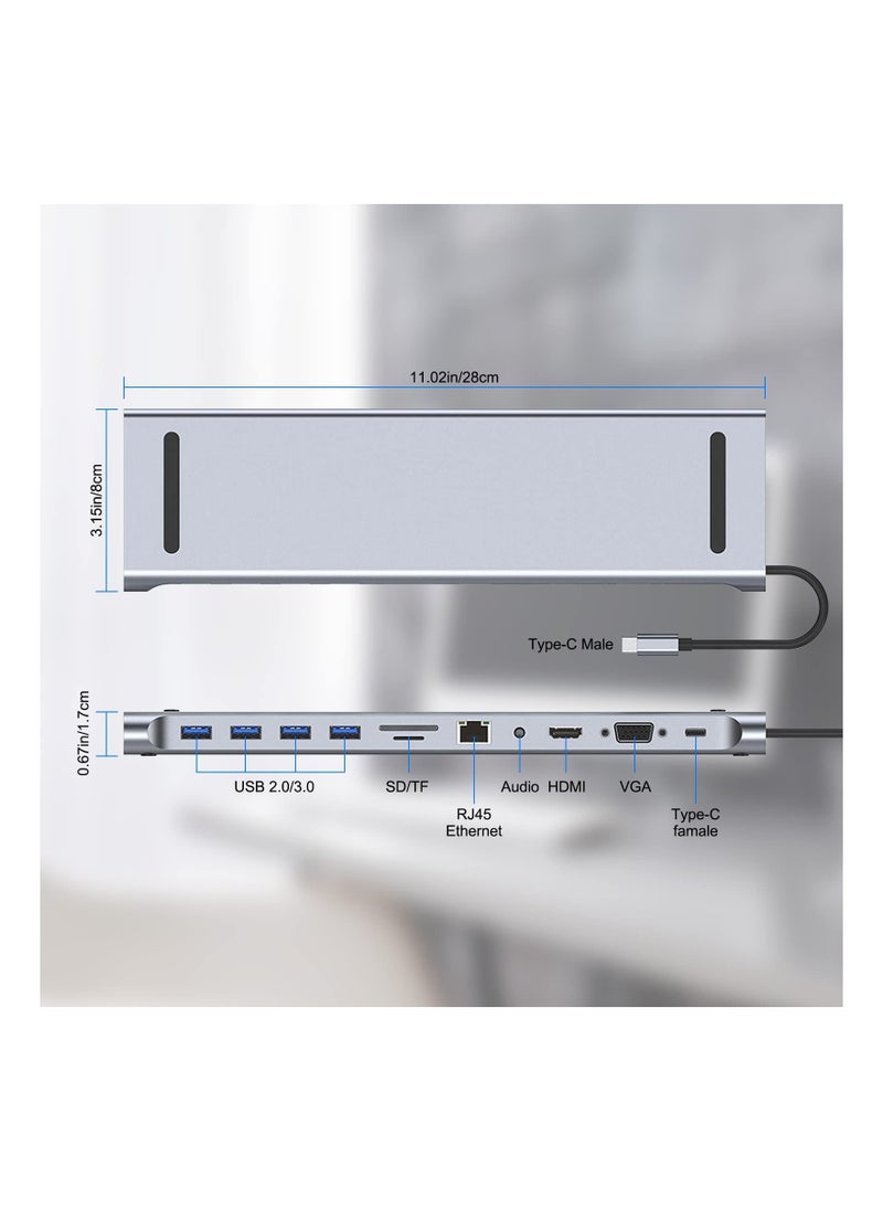 SYOSI محطة إرساء USB C 11 في 1 للكمبيوتر المحمول، SYOSI USB Type C إلى 4K 30Hz HDMI+VGA، قارئ بطاقات SD/TF، سرعة نقل 5 جيجابت في الثانية، RJ45، 4 منافذ USB3.0، محول لأجهزة MacBook وMac Pro وMac Mini وiMac  - Image 3