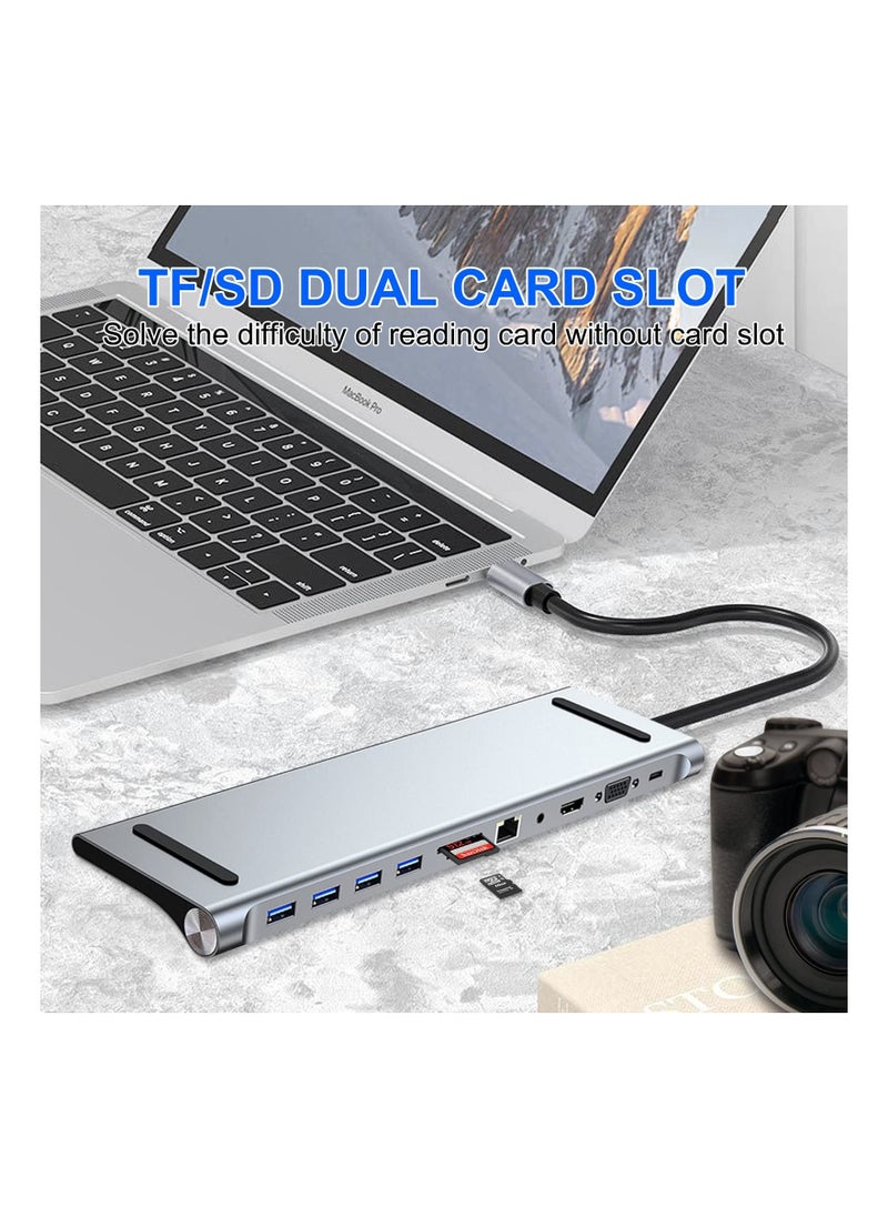 SYOSI - محطة إرساء USB C 11 في 1 للكمبيوتر المحمول، SYOSI USB Type C إلى 4K 30Hz HDMI+VGA، قارئ بطاقات SD/TF، سرعة نقل 5 جيجابت في الثانية، RJ45، 4 منافذ USB3.0، محول لأجهزة MacBook وMac Pro وMac Mini وiMac - Image 1