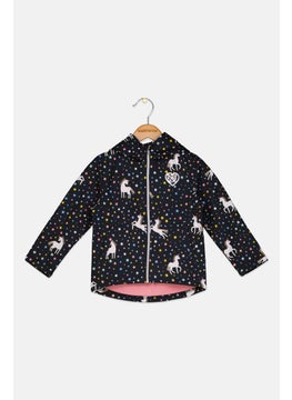 Toddlers Girl All Over Print Hooded Jackets, Black Combo