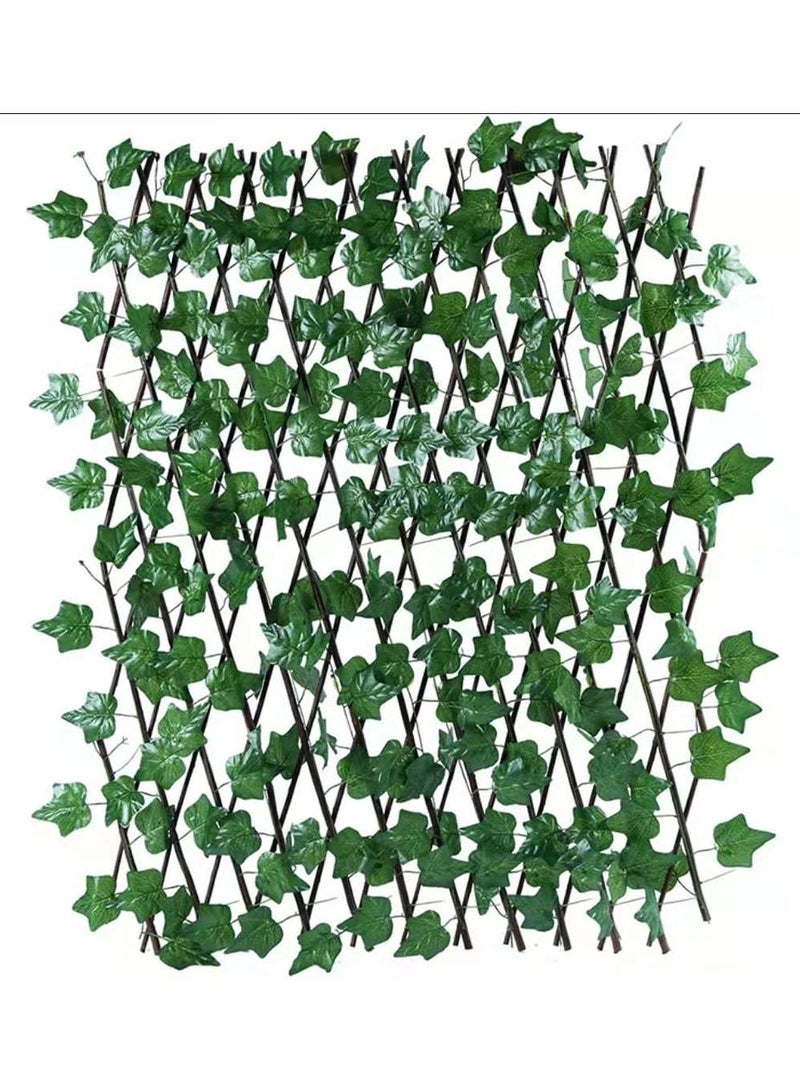 LINGWEI Bamboo Wooden Fence with Artificial Plants Green Ivy Leaf Expandable Wicker For Balcony Garden Home Decoration (4 pcs) - Image 1