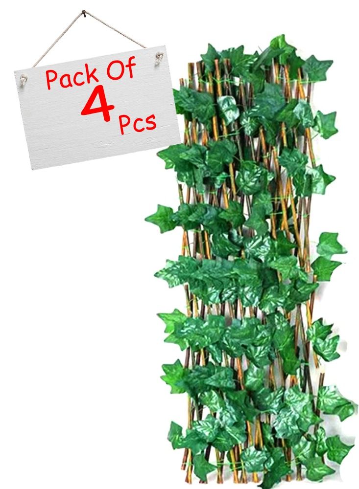 LINGWEI Bamboo Wooden Fence with Artificial Plants Green Ivy Leaf Expandable Wicker For Balcony Garden Home Decoration (4 pcs) - Image 4