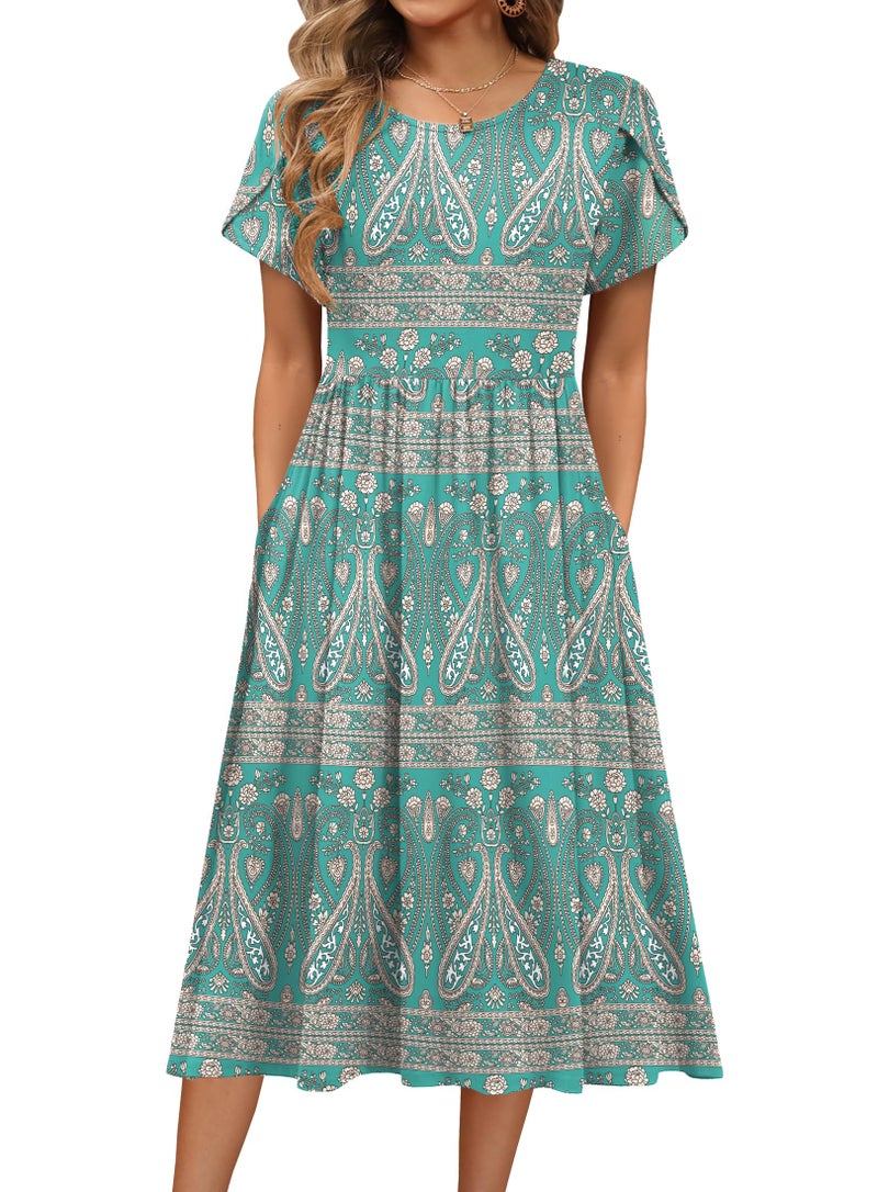 HOTOUCH Women's Midi Dress for Women 2026 Summer Casual Short Sleeve Aline Flowy Swing Tshirt Dresses Loose Floral Beach Ethnic Boho Sundress with Pockets Hawaiian Travel - Image 1