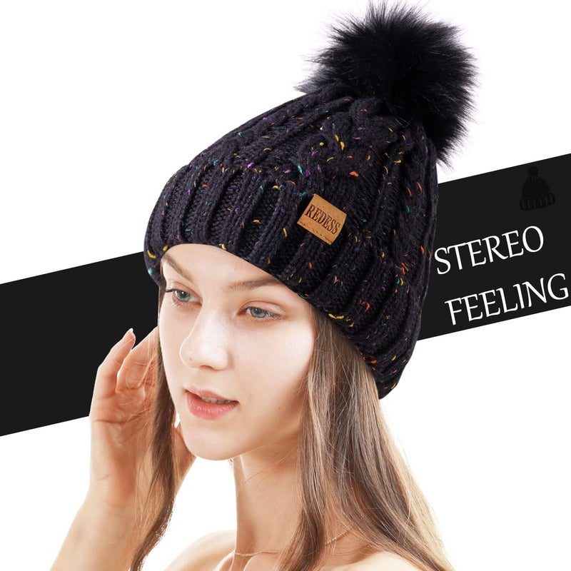 REDESS Women Winter Pompom Beanie Hat with Warm Fleece Lined, Thick Slouchy Snow Knit Skull Ski Cap - Image 2