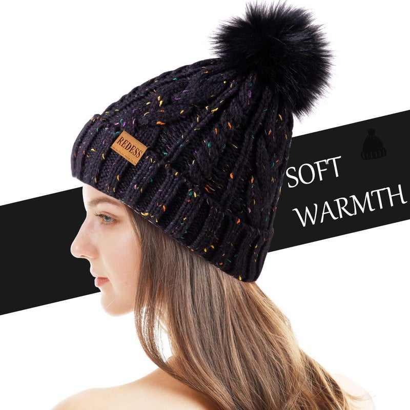 REDESS Women Winter Pompom Beanie Hat with Warm Fleece Lined, Thick Slouchy Snow Knit Skull Ski Cap - Image 1