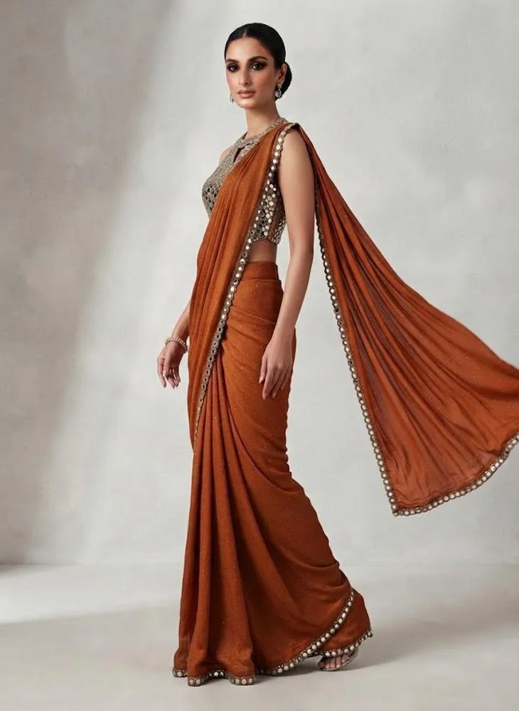 Viny Viny Women's Saree with Mirror Work Halter Blouse – Shimmer Textured Saree Set – Ramadan & Eid – Rust – Indian Ethnic Wear