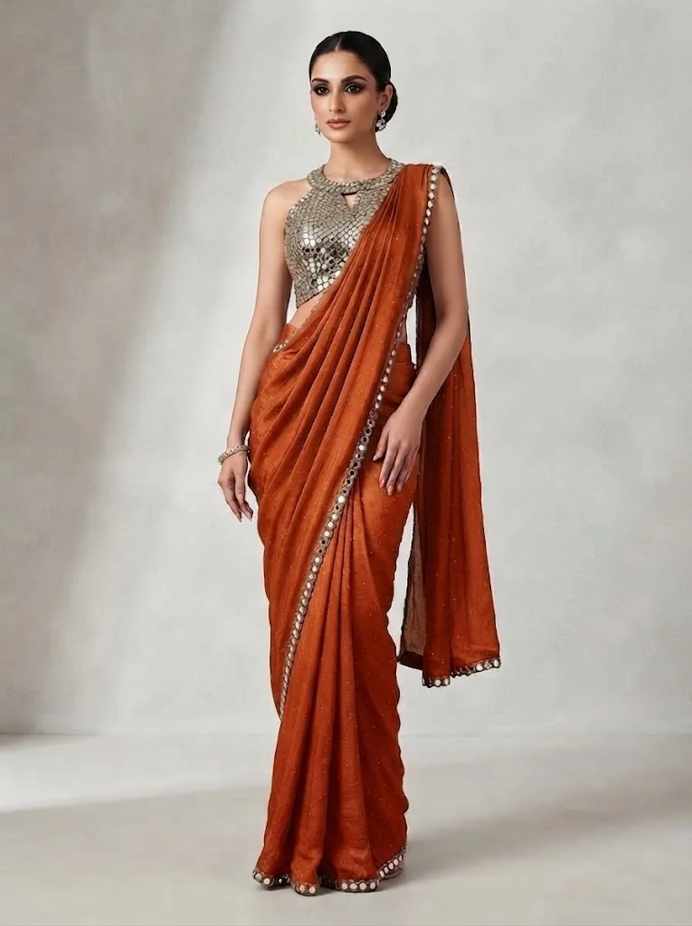 Viny Women's Saree with Mirror Work Halter Blouse – Shimmer Textured Saree Set – Ramadan & Eid – Rust – Indian Ethnic Wear