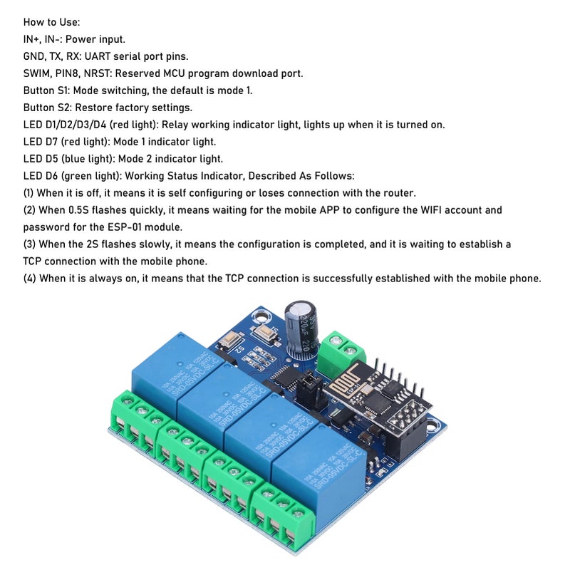 وحدة ريلاي واي فاي 4 قنوات مفتاح تحكم عن بعد بتطبيق الهاتف لنظام منزل ذكي ESP8266 5 فولت - Image 2