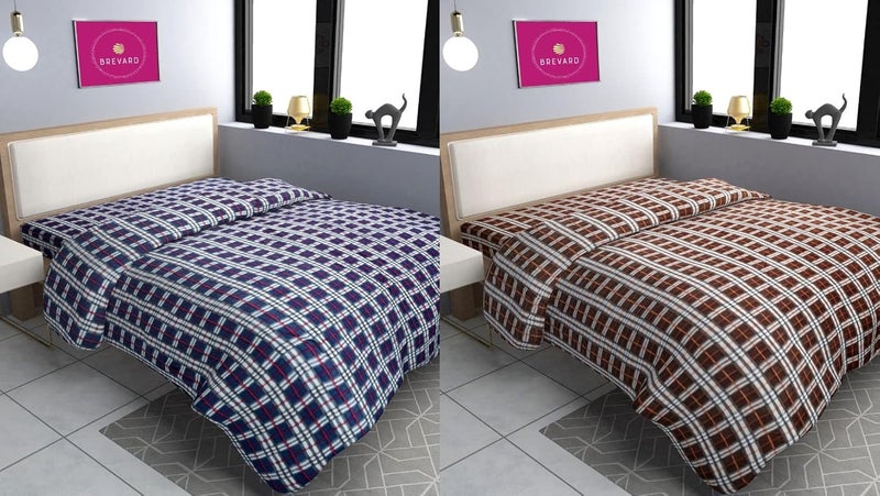 BREVARD BREVARD Double Bed Woolen Fabric Checkered Quilt CoverDuvet CoverRajai CoverBlanket Cover for Winters 90 x 100 Inches Blue and Brown Combo of 2  - Image 1