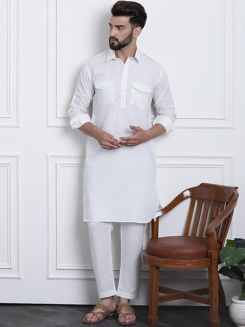 Royal Kurta Men's Cotton Solid Linen Pathani Kurta and Salwar Set (44, White) - Image 5