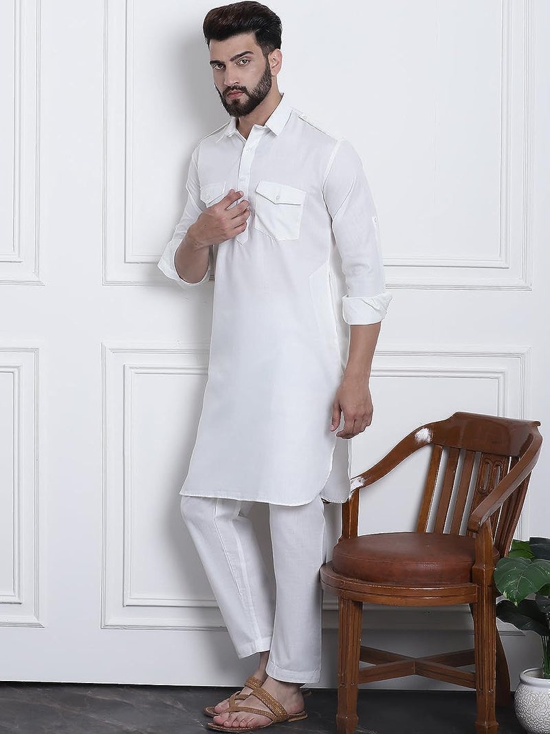 Royal Kurta Men's Cotton Solid Linen Pathani Kurta and Salwar Set (44, White) - Image 2