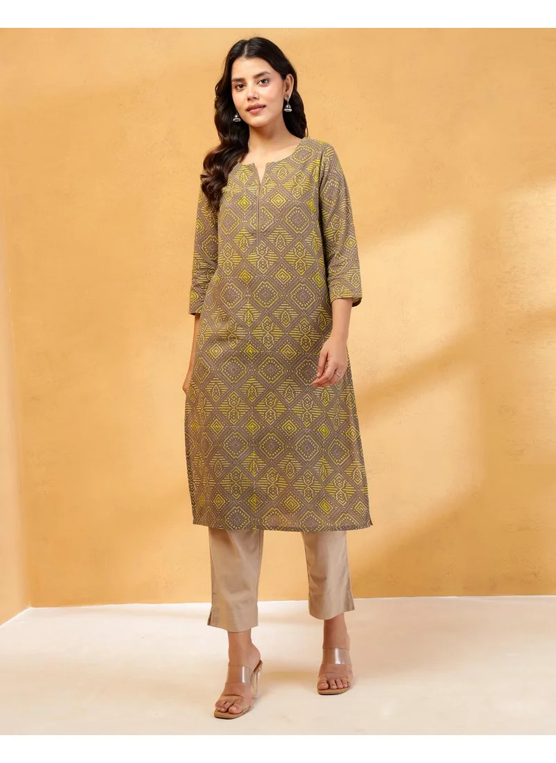 Fabindia Grey Cotton Ajrakh Printed Long Kurta