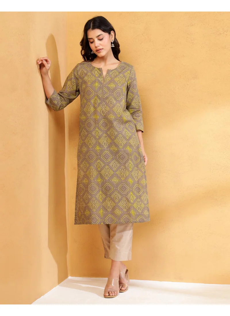 Fabindia Grey Cotton Ajrakh Printed Long Kurta