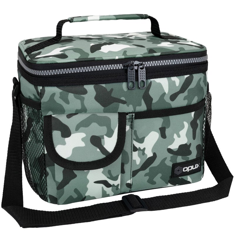 opux Insulated Lunch Bag for Men Women Leakproof Camo Green Lunch Box for Work Portable Soft Lunch Cooler Bag with Shoulder Strap Adult Lunchbox Lunch Pail for Kid Boy Girl School 14 Can8L