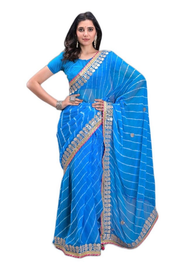 Indian Handicraft Chiffon Women's/Girls Stylish Tradition Leheriya Gota Patti Lace Saree With Un-stitched Blouse -2 - Image 1