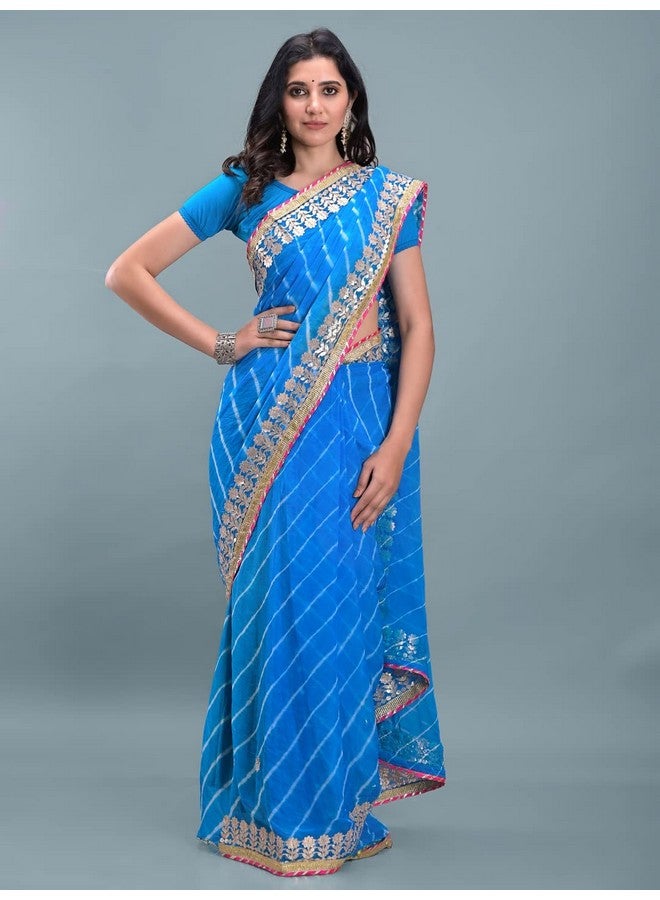 Indian Handicraft Chiffon Women's/Girls Stylish Tradition Leheriya Gota Patti Lace Saree With Un-stitched Blouse -2 - Image 4