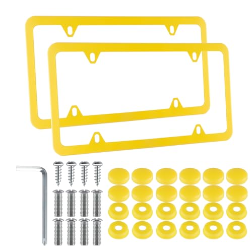 Alpmosn 2PCS Stainless Steel License Plate Frames 4 Holes Car Licence Plate Covers with Screws Washers and Caps Car Exterior Accessories License Plate Holder for US Vehicles Yellow - Image 1