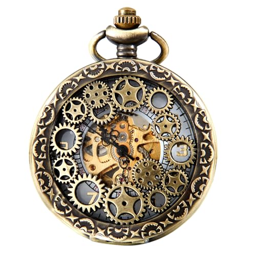 Avaner Steampunk Retro Half Hunter Copper Gear Skeleton Hand Wind Mechanical Arabic Numeral Analog Display Pocket Watch with 14¡± Chain - Image 1