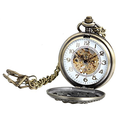 Avaner Steampunk Retro Half Hunter Copper Gear Skeleton Hand Wind Mechanical Arabic Numeral Analog Display Pocket Watch with 14¡± Chain - Image 3