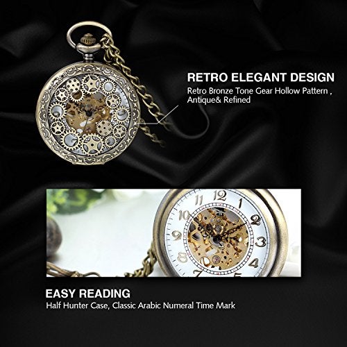 Avaner Steampunk Retro Half Hunter Copper Gear Skeleton Hand Wind Mechanical Arabic Numeral Analog Display Pocket Watch with 14¡± Chain - Image 4