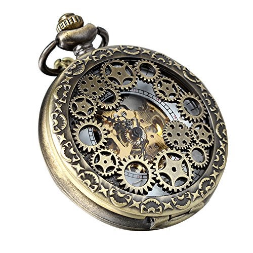 Avaner Steampunk Retro Half Hunter Copper Gear Skeleton Hand Wind Mechanical Arabic Numeral Analog Display Pocket Watch with 14¡± Chain - Image 2