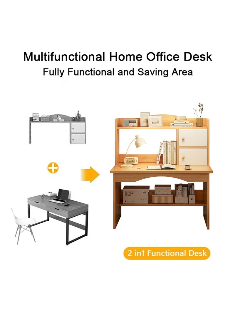 VUCATIN Study Writing Table with Storage Shelf, Wooden Home Office Desk, Computer Table, Home Desk with Bookshelf, Modern Simple Workstation (100x48x120cm - Wood Color) - Image 3