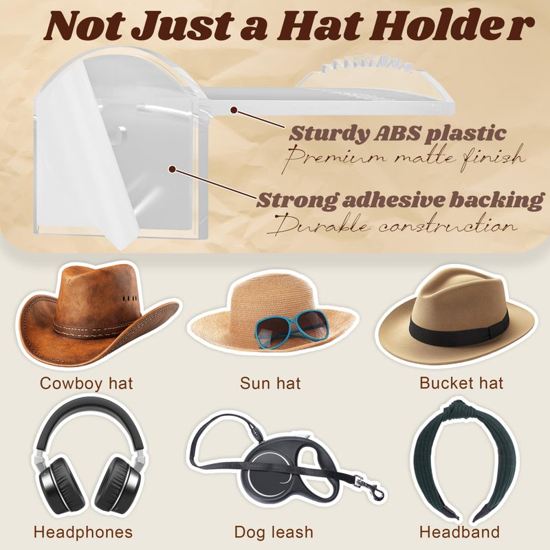TUSPIPAL 2.9Inch Hat Hooks for Wall - (8 Pack) Cowboy Hat Rack,SuitableSun Hats, Fedora, Wide Brim Hats Strong Hold Hat Hangers for Wallï¼ŒWestern Room Decor- (Clear) - Image 4