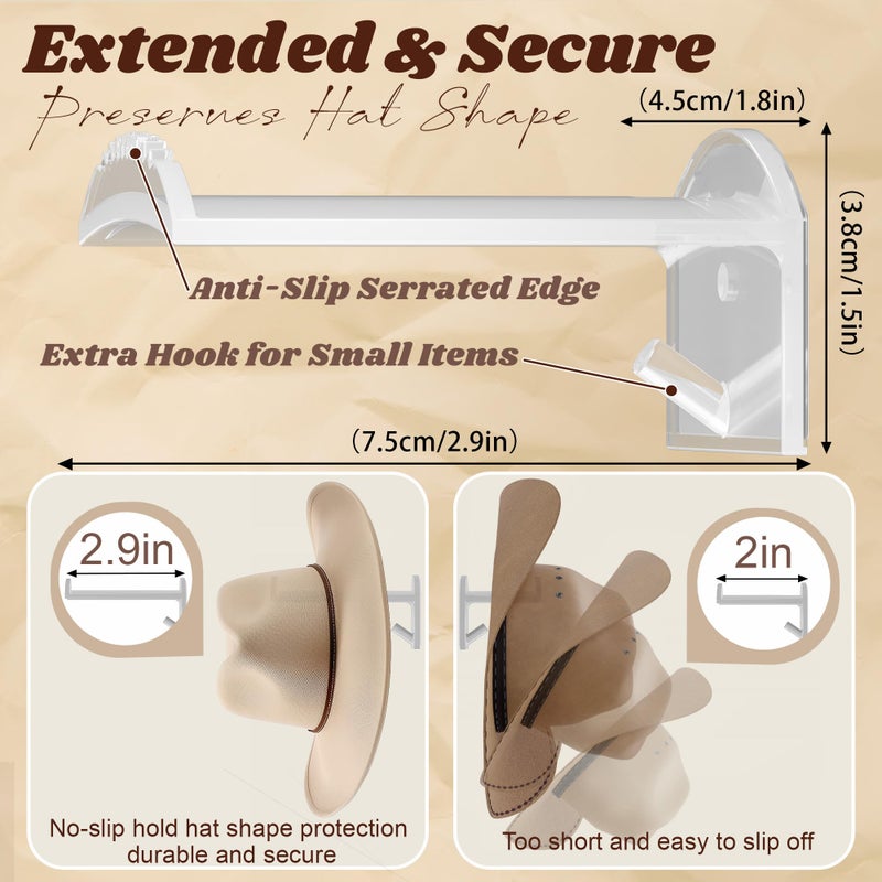 TUSPIPAL 2.9Inch Hat Hooks for Wall - (8 Pack) Cowboy Hat Rack,SuitableSun Hats, Fedora, Wide Brim Hats Strong Hold Hat Hangers for Wallï¼ŒWestern Room Decor- (Clear) - Image 3