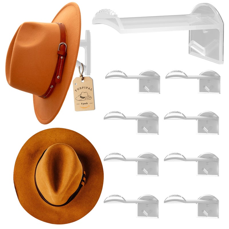 TUSPIPAL 2.9Inch Hat Hooks for Wall - (8 Pack) Cowboy Hat Rack,SuitableSun Hats, Fedora, Wide Brim Hats Strong Hold Hat Hangers for Wallï¼ŒWestern Room Decor- (Clear) - Image 1