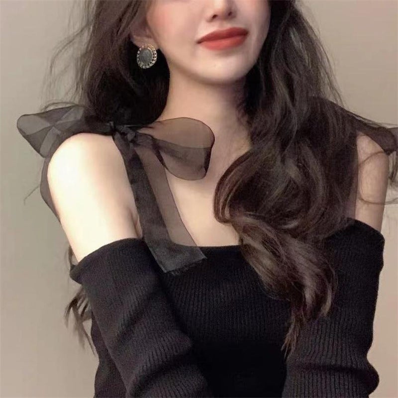 Early Autumn New Arrival Bow Strap Mesh Tie Slim-fit Thin Top Shoulder Strap Stitching Shoulder Knit Sweater for Women wine red-DDHY-11202/B845 - Image 5