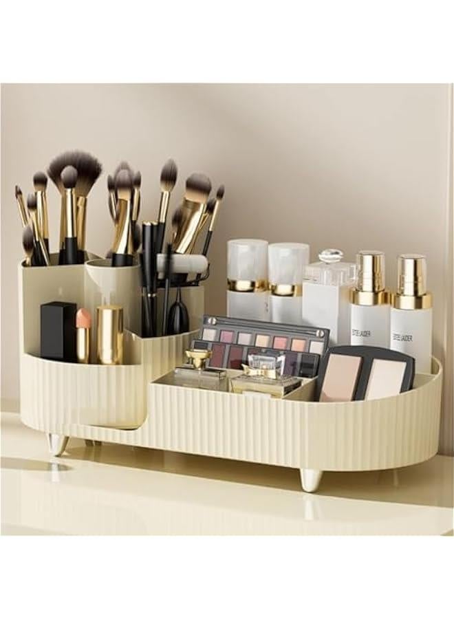 HOOKOR Rotating makeup organizer,Large Capacity Cosmetic Display Case, easy to hold all of your makeup products, at least 20 makeup brushes/eyeliner,10 lipsticks,8 skincare products (Beige) - Image 1