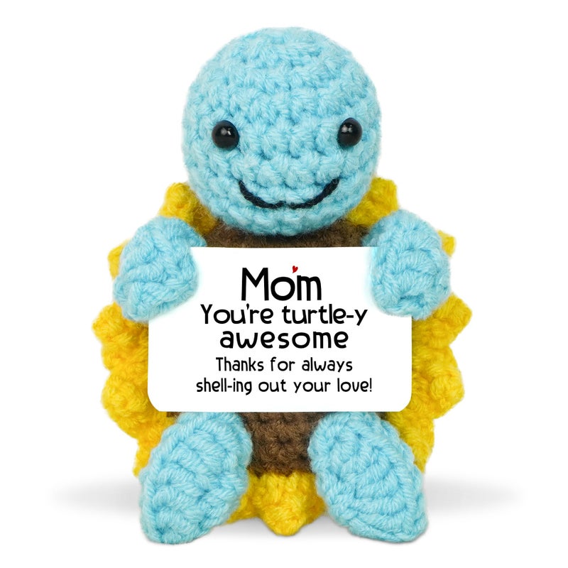 OASSIE Birthday Gifts for Mom from Daughter Son Pale Blue Positive Crochet Turtle with Message Card Gifts for Mom Birthday Mama Gift for Mother Mother in Law Emotional Support Crochet