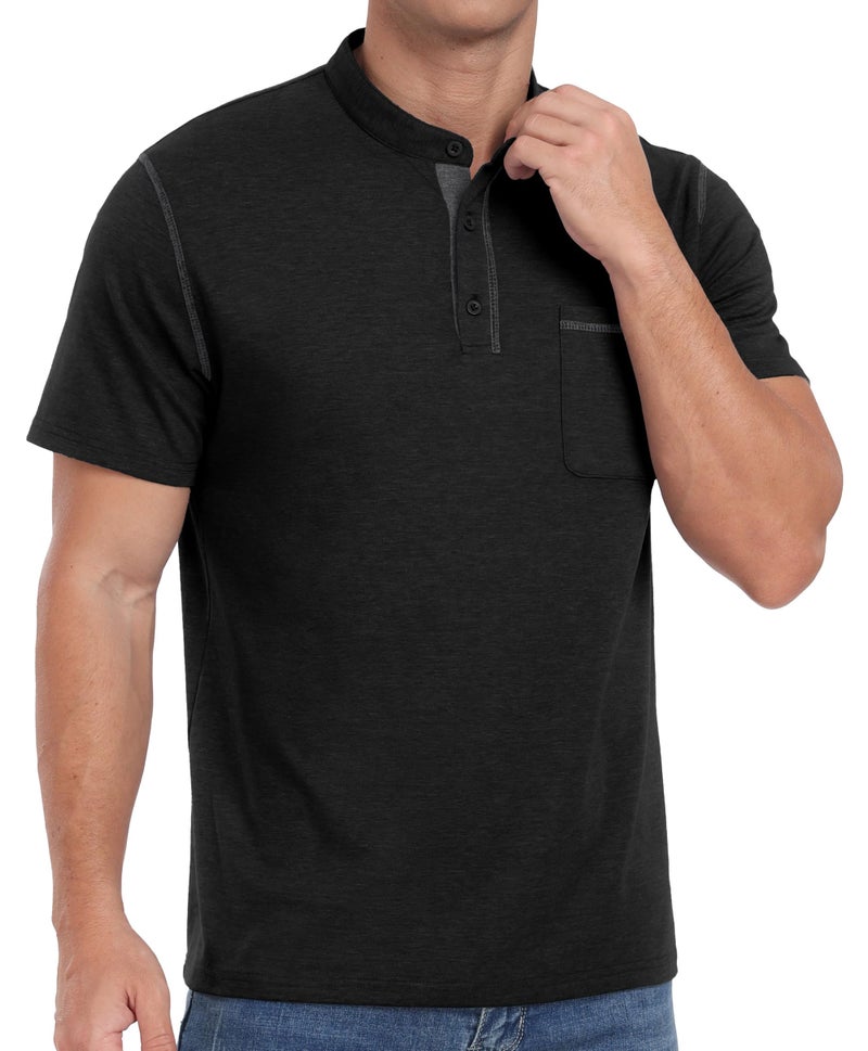 Sailwind Mens Henley Shirts Short Sleeve Summer Casual Classic Cotton T Shirts Pocket Button Shirt Black - Image 4